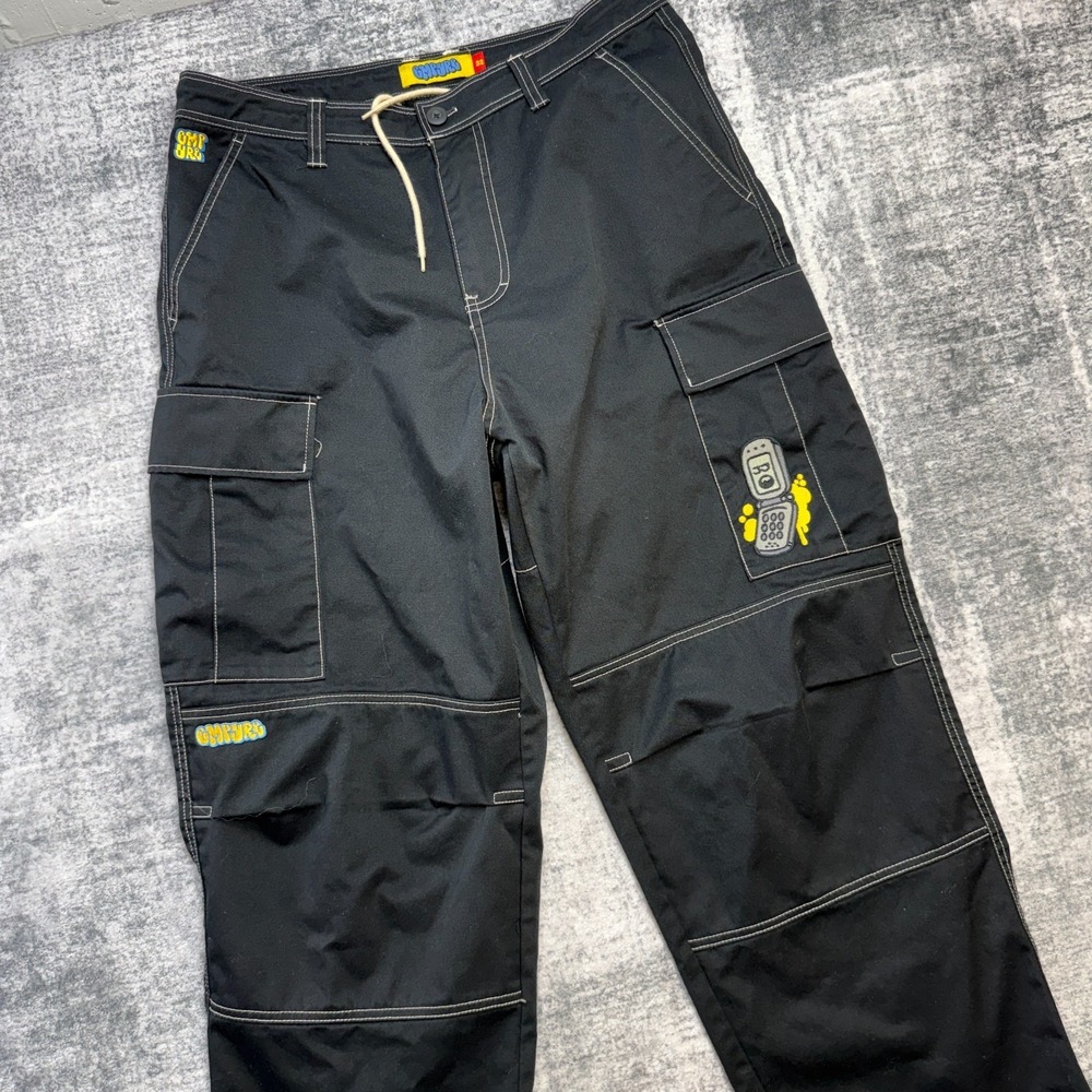 Empyre Ultra Loose Cargo Pants Mens 32 Black Cell Phone Embroidered Skate Grunge - Picture 2 of 12